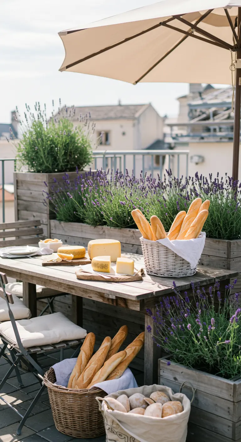 Dakterras met een houten tafel, lavendel in bakken en manden met stokbrood.