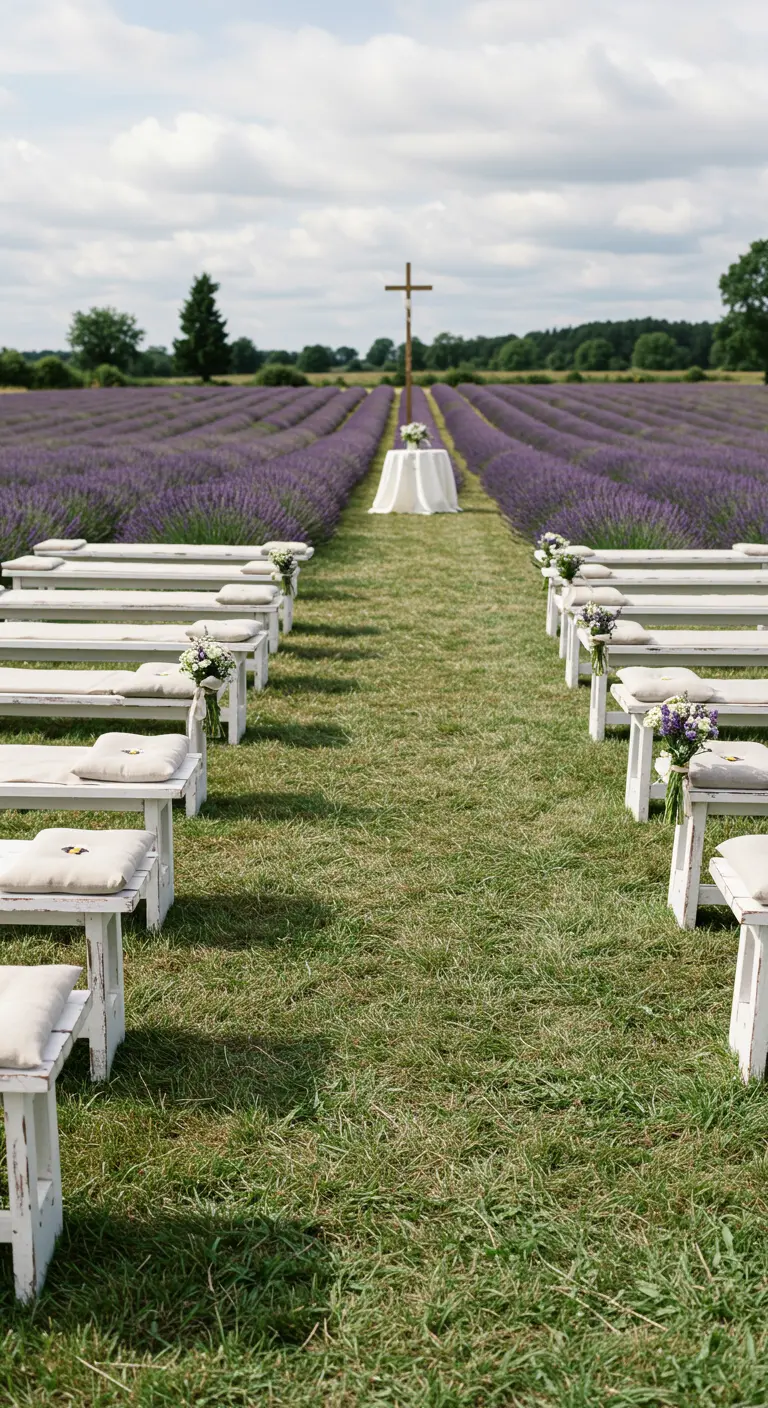 Ceremonie-opstelling met witte banken in een lavendelveld, met uitzicht op een altaartafel.