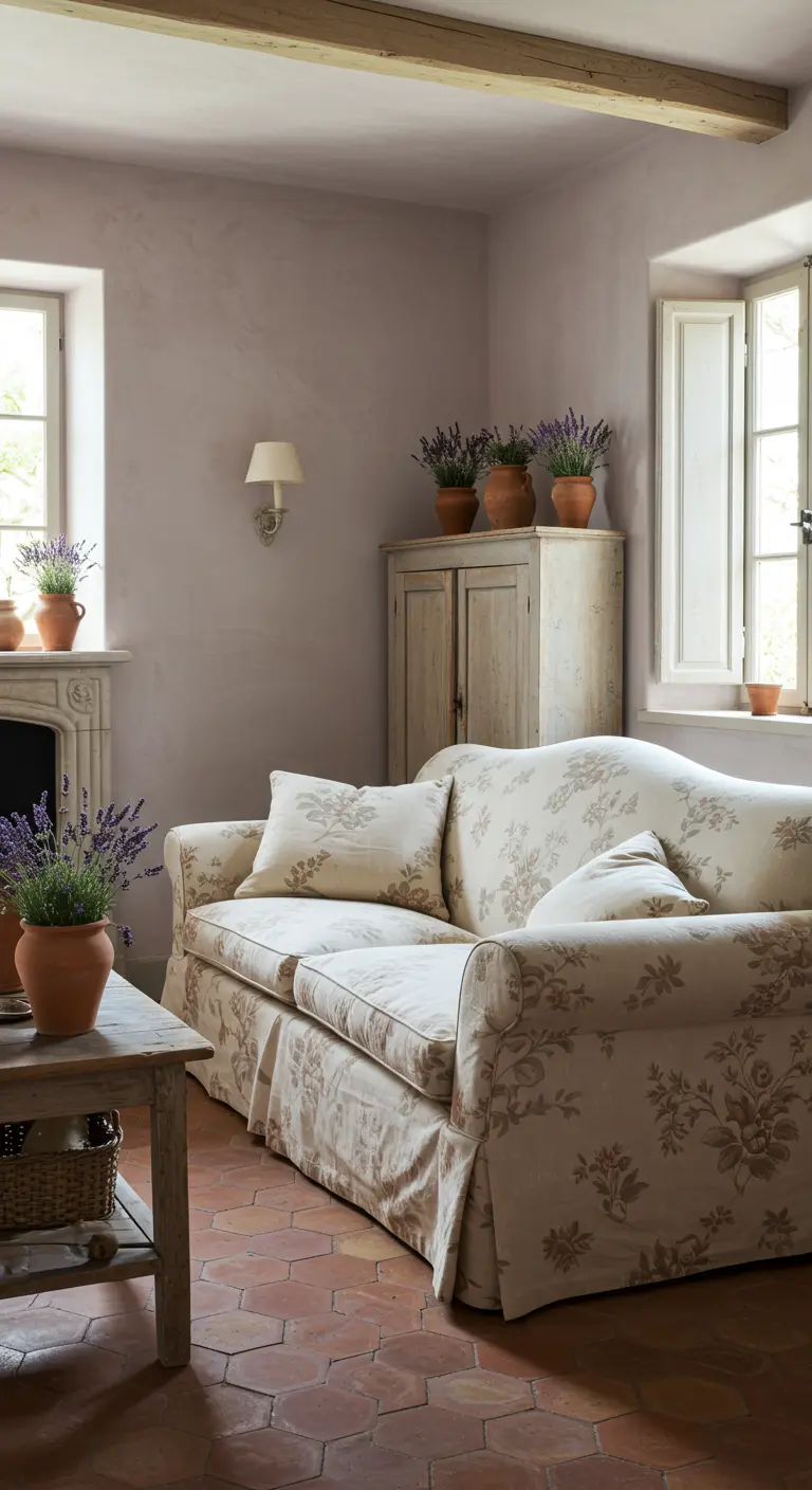 Provençaalse woonkamer met zachtpaarse muren, een bank met bloemenprint en terracotta potten met lavendel.