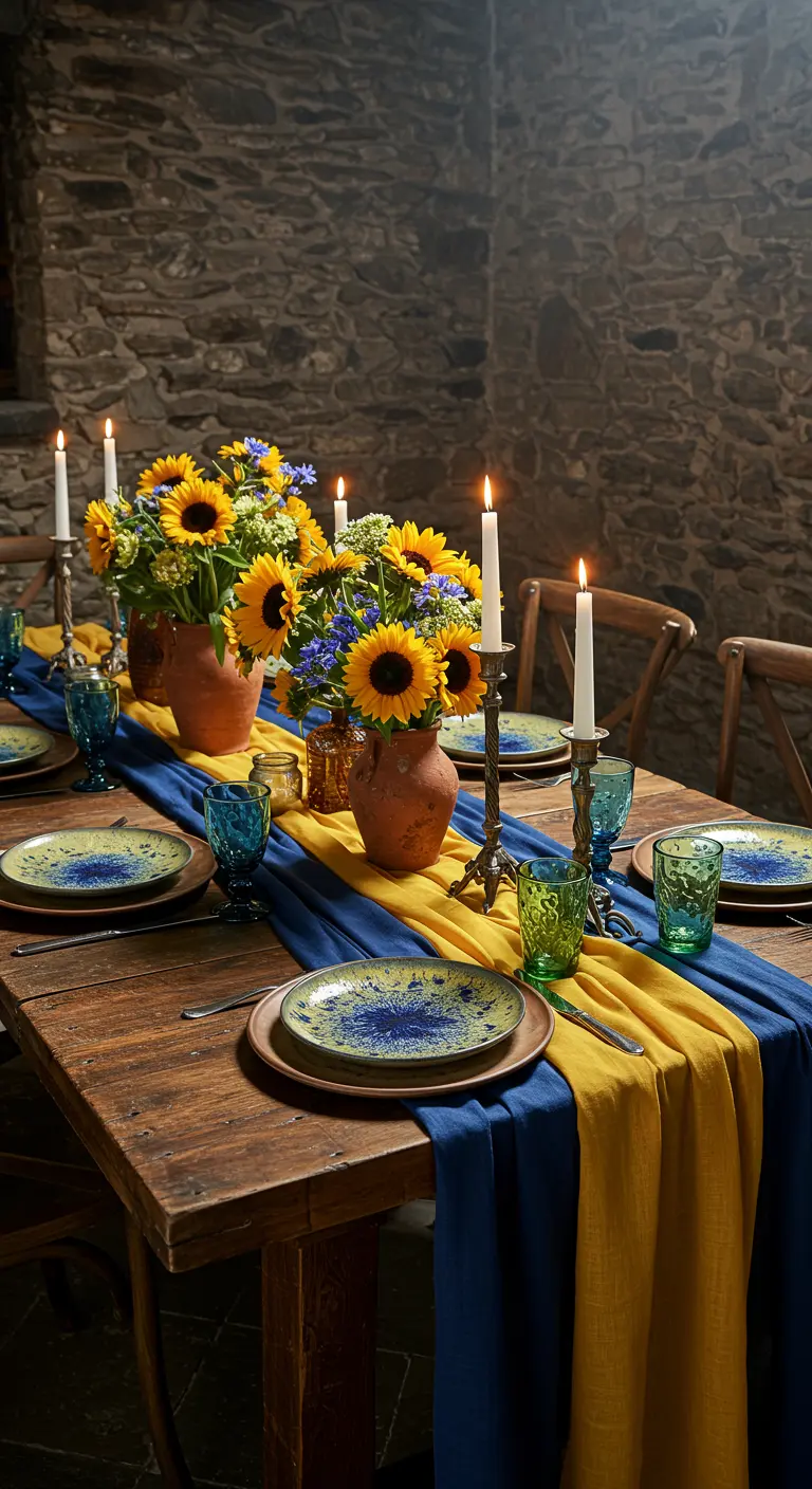 Rustieke houten tafel met zonnebloemen, blauwe en gele lopers en brandende kaarsen.