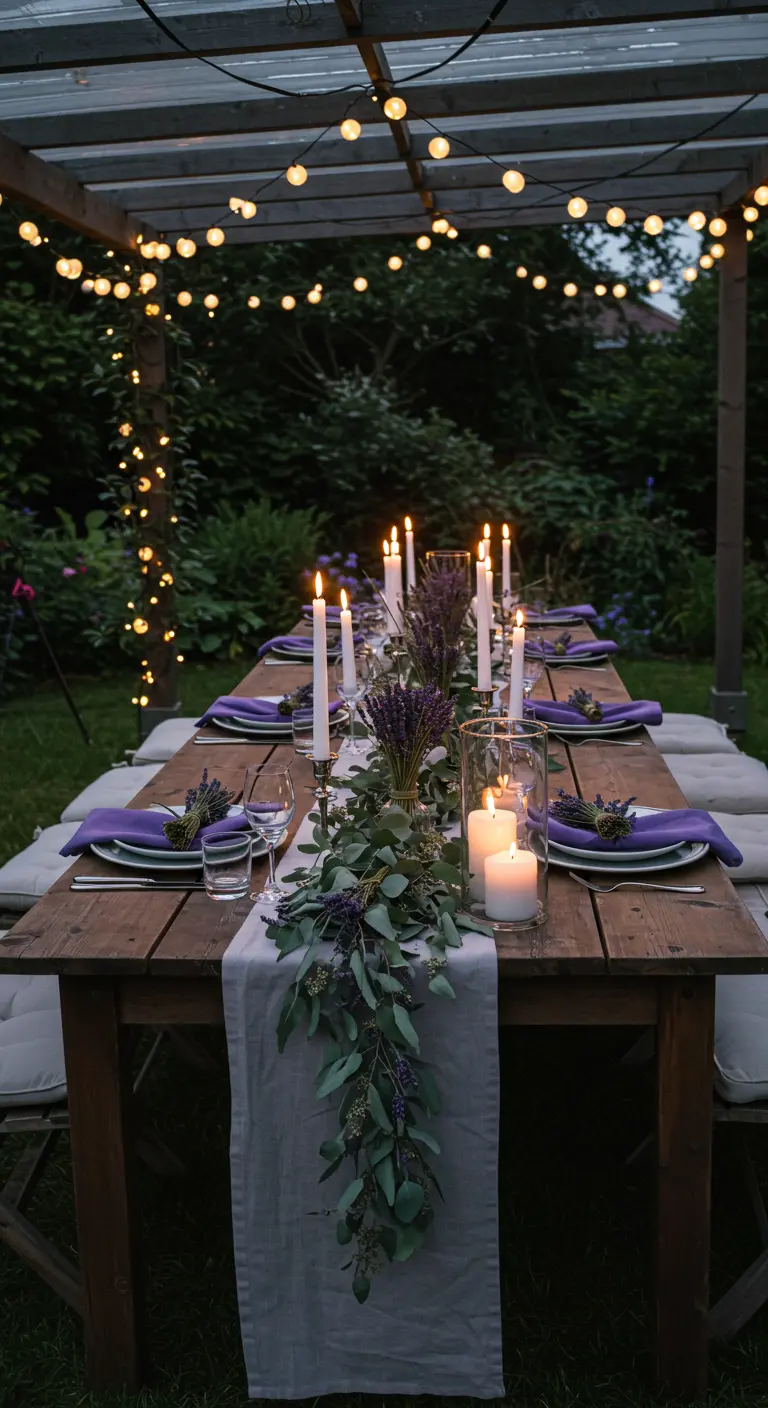 Lange tuintafel gedekt met lavendel, kaarsen en lichtslingers.
