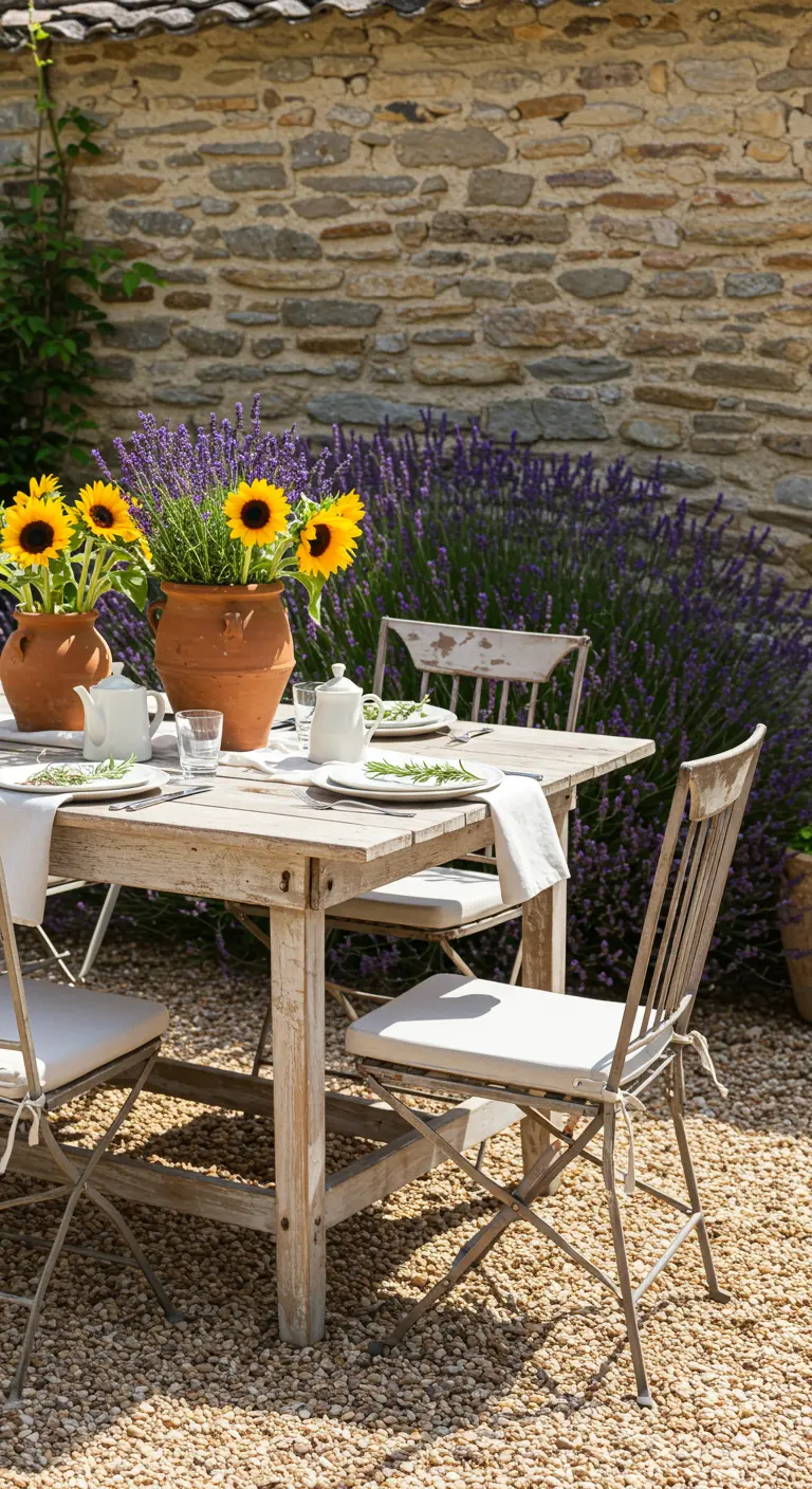 Rustieke houten tafel met zonnebloemen in potten, voor een stenen muur met lavendel.