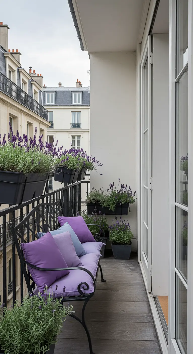 Smal balkon met zwart smeedijzeren bankje, paarse kussens en overal lavendelplanten.