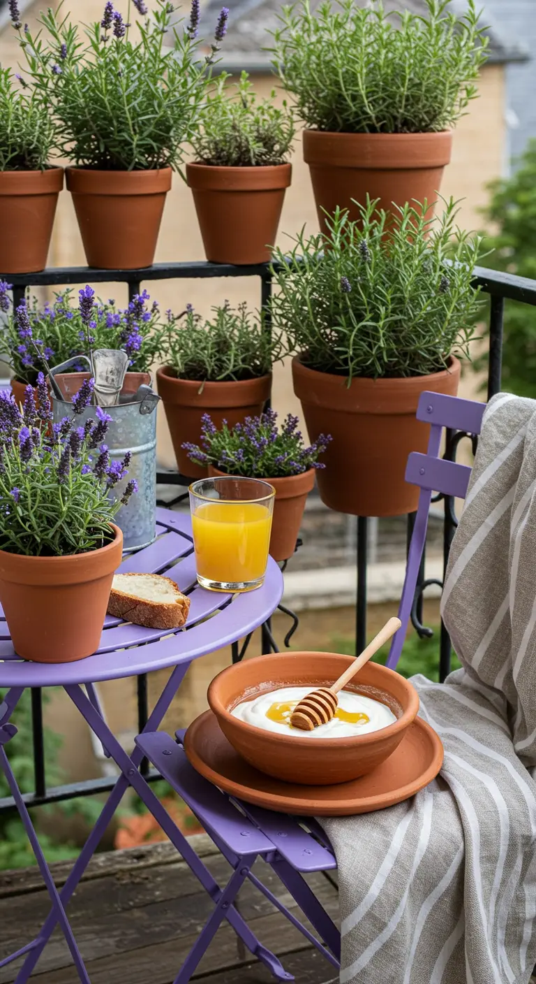 Paarse bistroset omringd door terracotta potten met lavendel en rozemarijn.