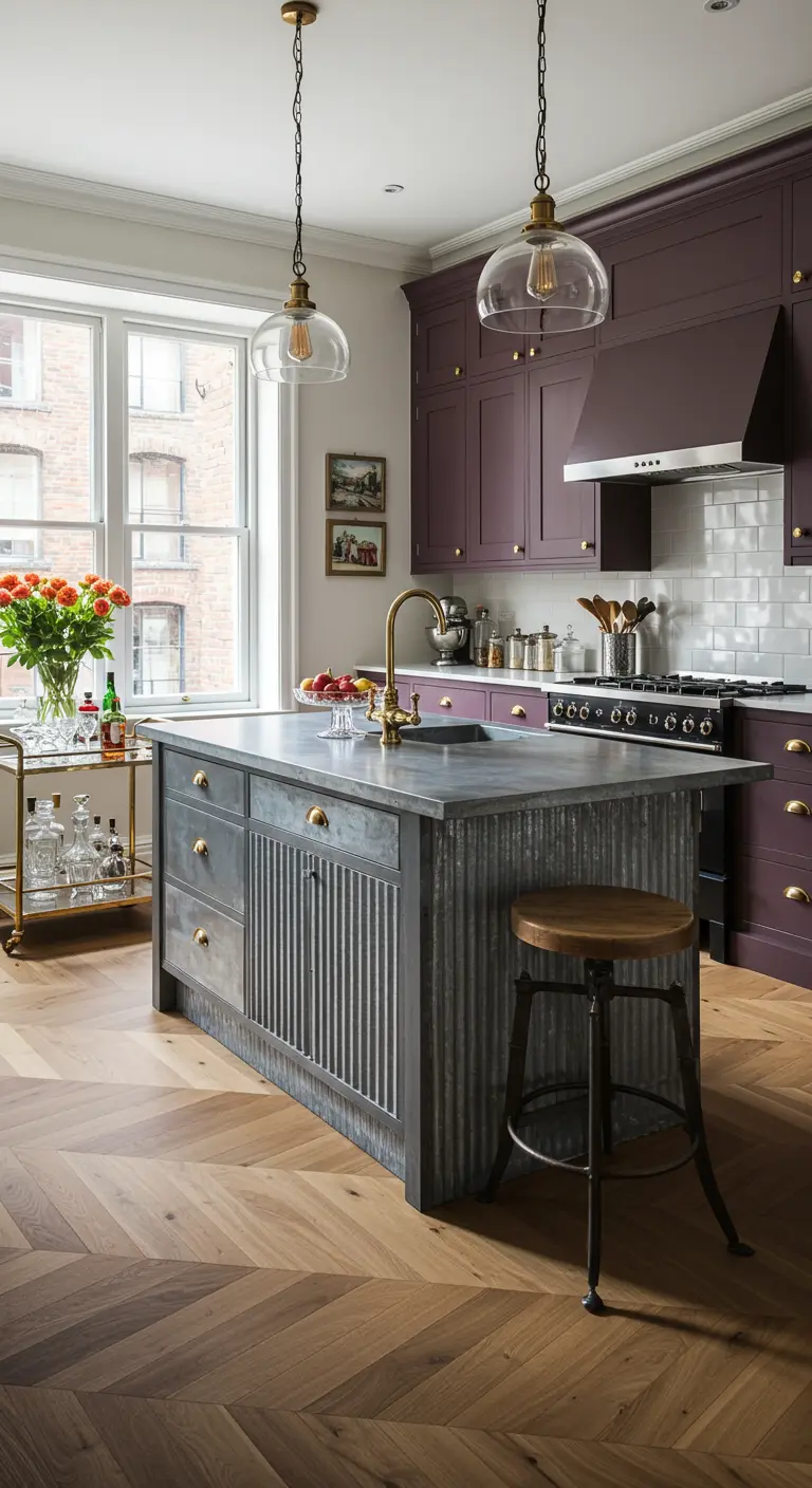 Keuken met auberginekleurige kasten en een kookeiland bekleed met gegalvaniseerd staal.