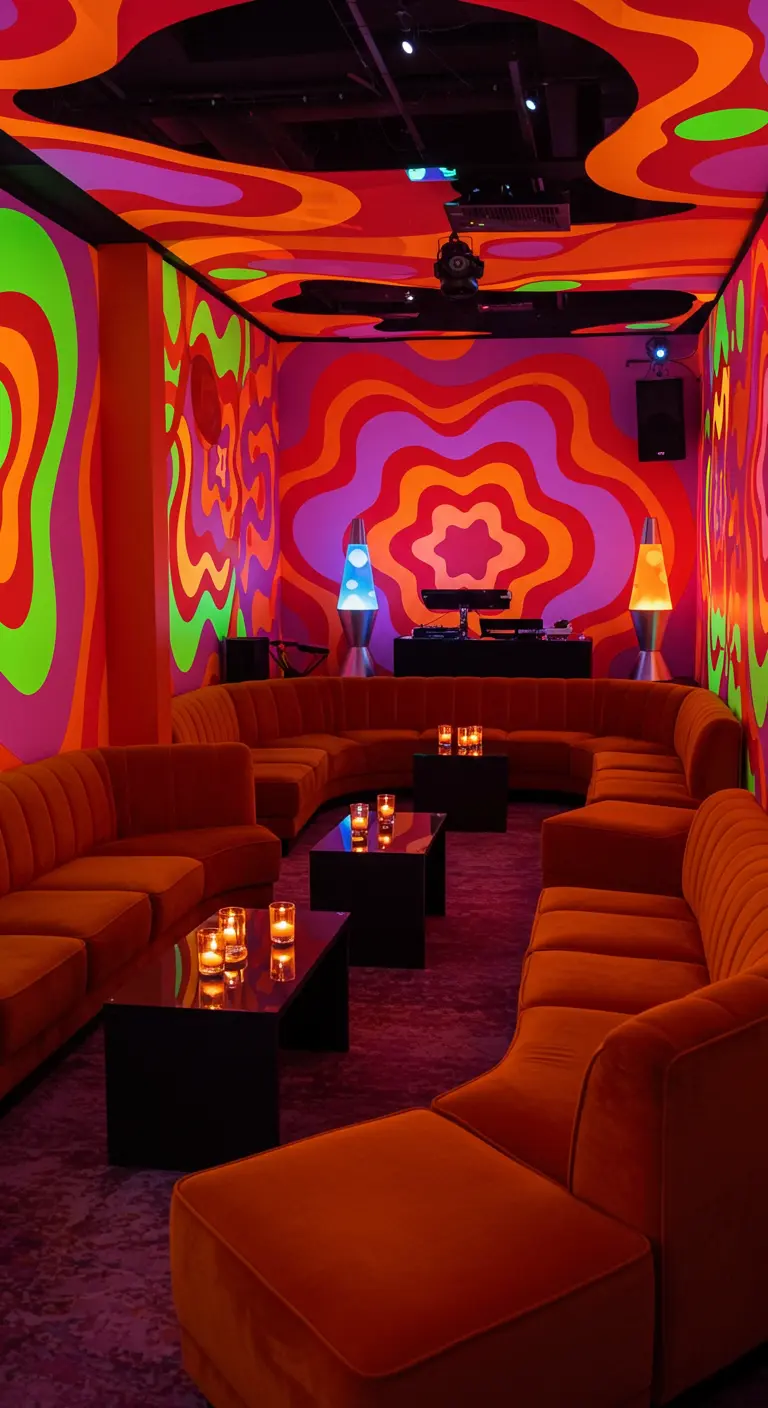 Oranje lounge met psychedelische patronen op de muren en plafond.