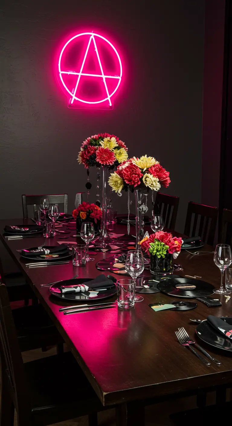 Donkere eettafel met een groot, felroze neon-anarchiesymbool aan de muur erboven.