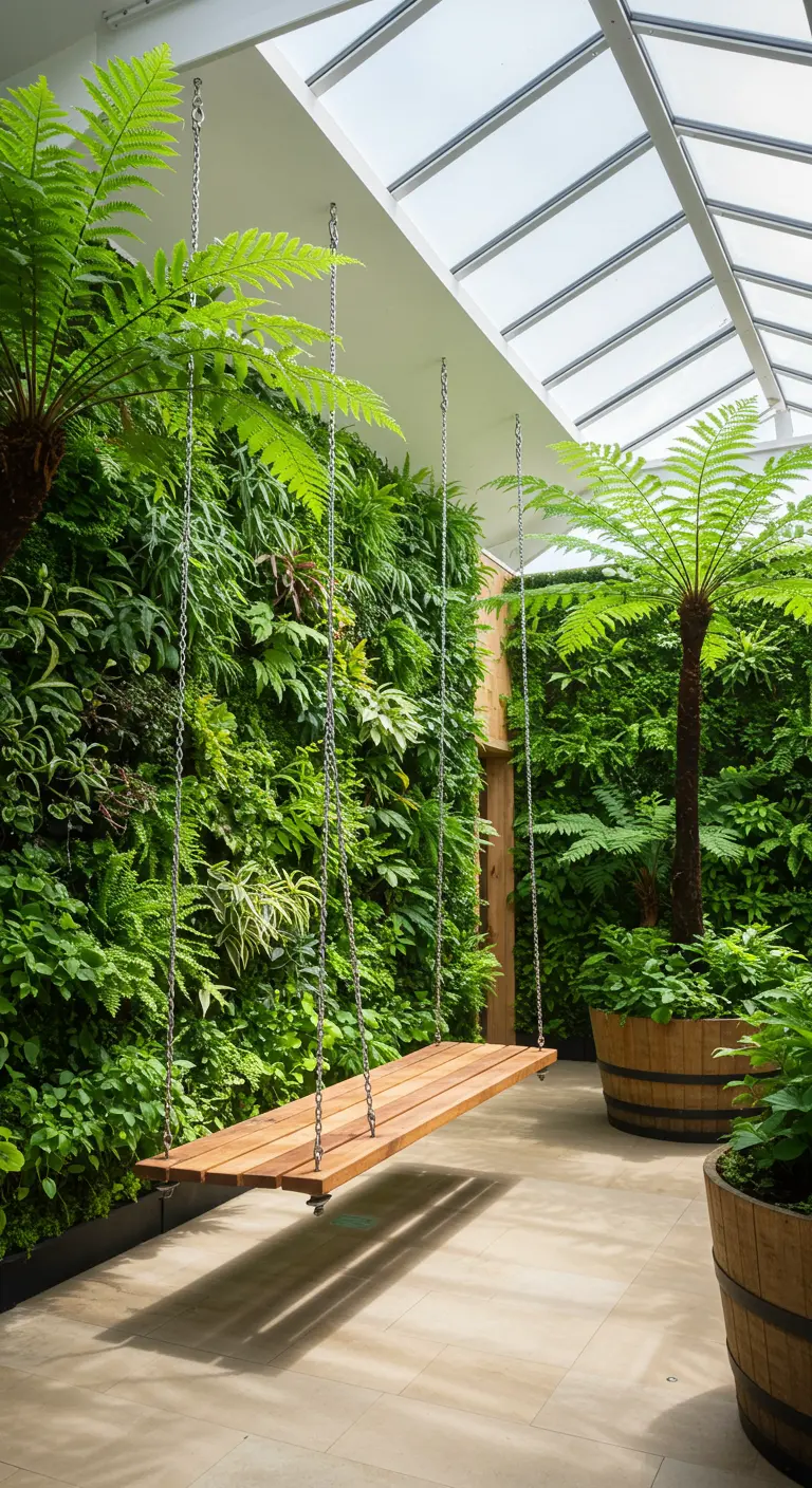Verweerde houten schommelbank omringd door mos, varens en houten plantenbakken.
