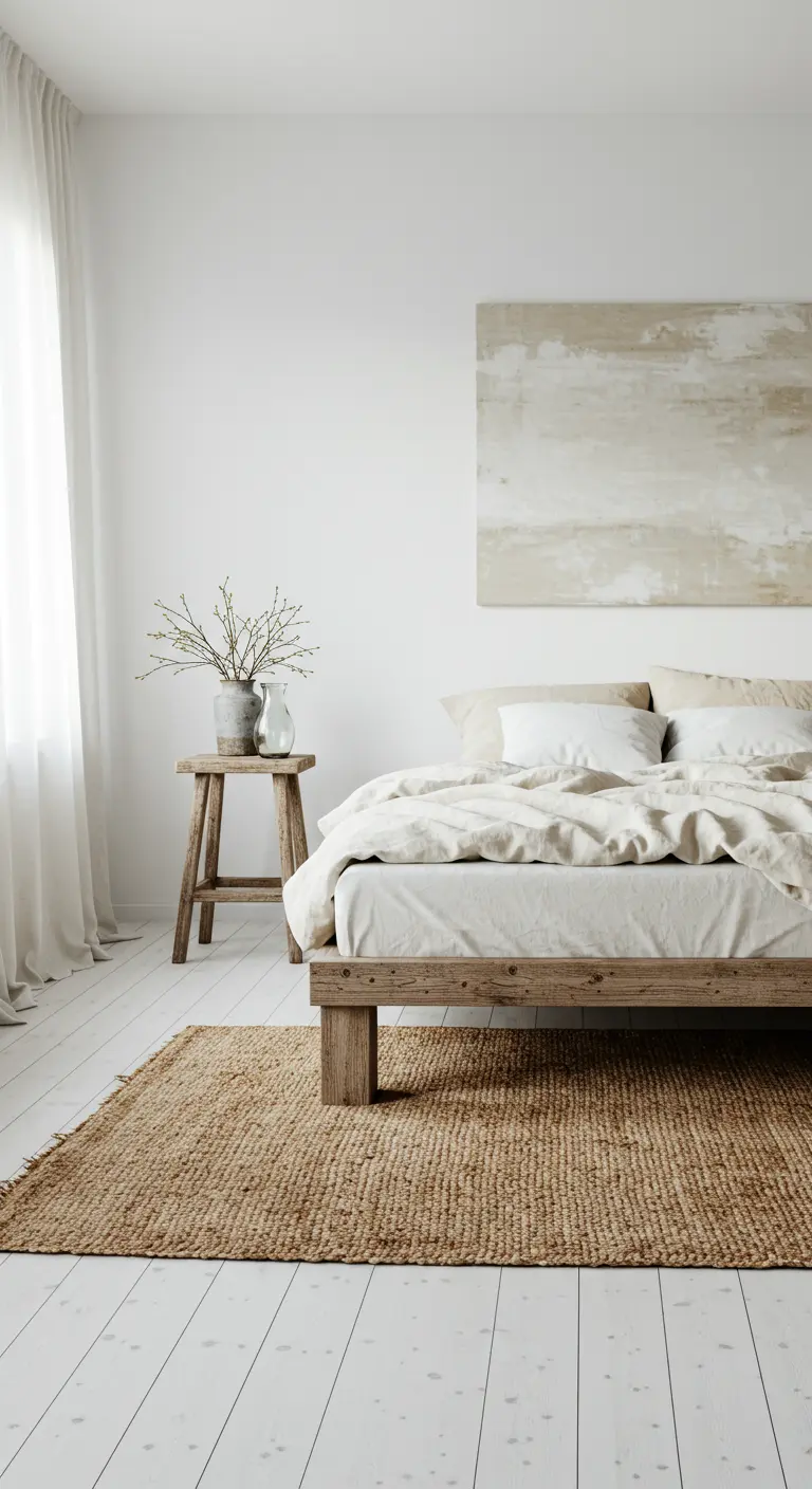 Minimalistische slaapkamer met licht houten bed, jute vloerkleed en natuurlijke elementen.