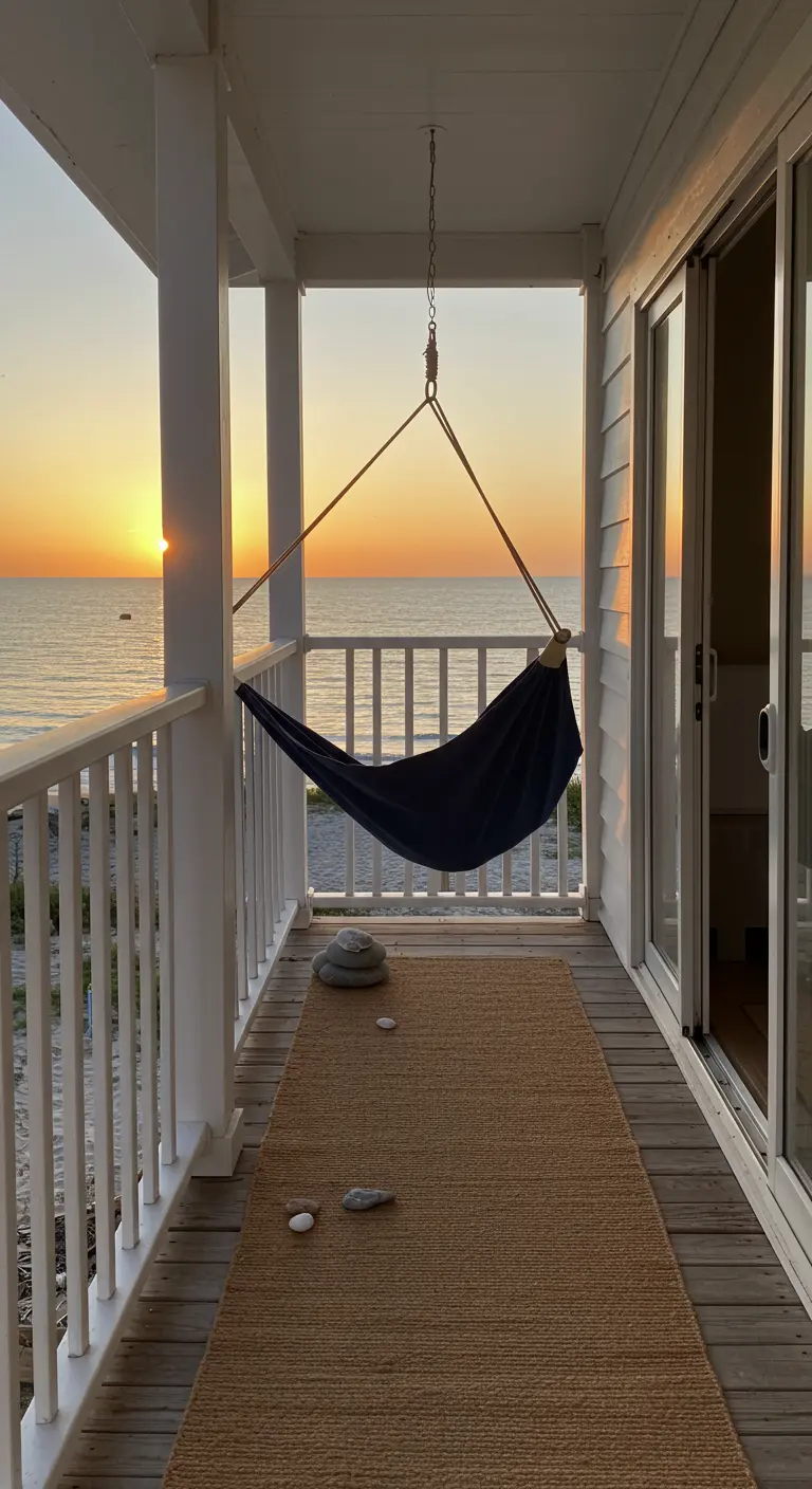Donkere hangmat op een witte, houten veranda met direct uitzicht op zee en strand.
