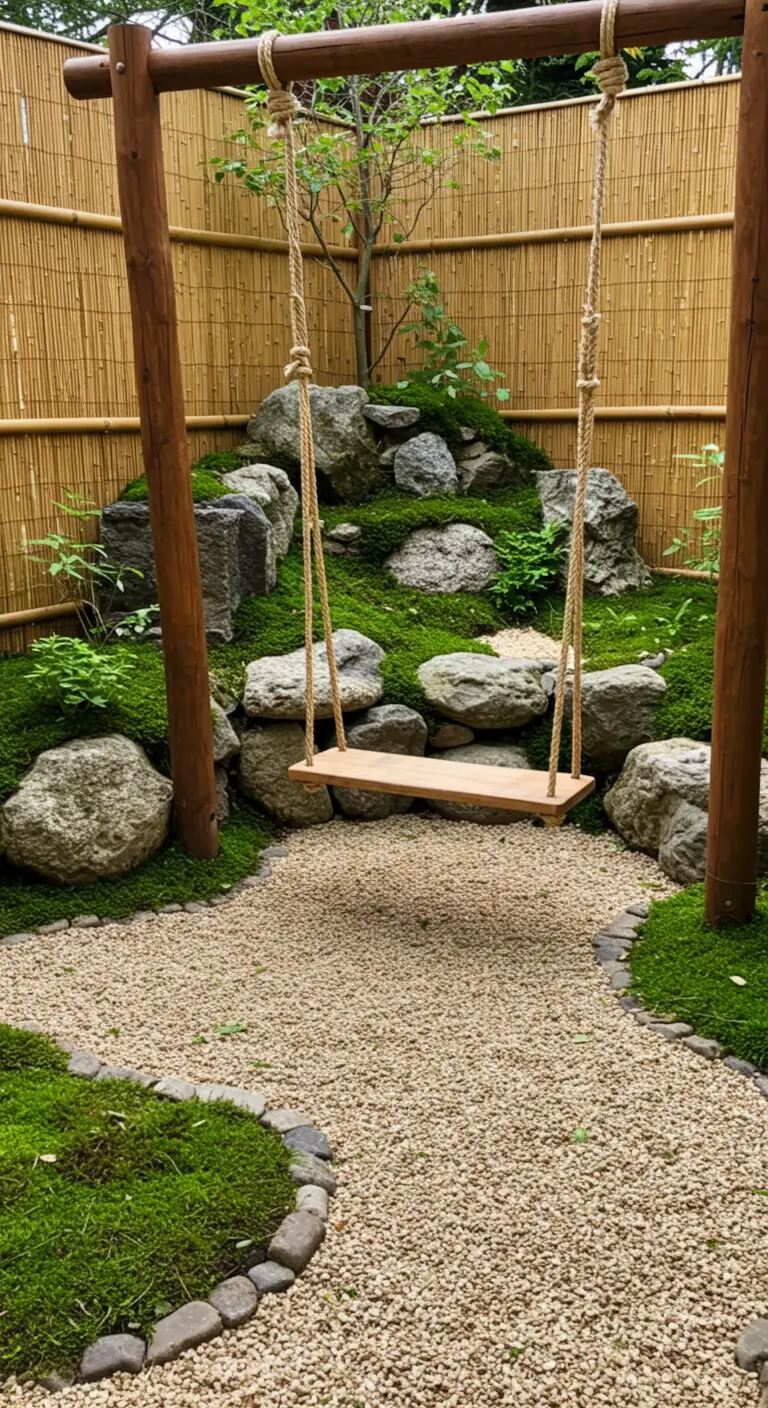 Houten schommel aan touwen in zen tuin met mos, rotsen, grind en bamboe hek.