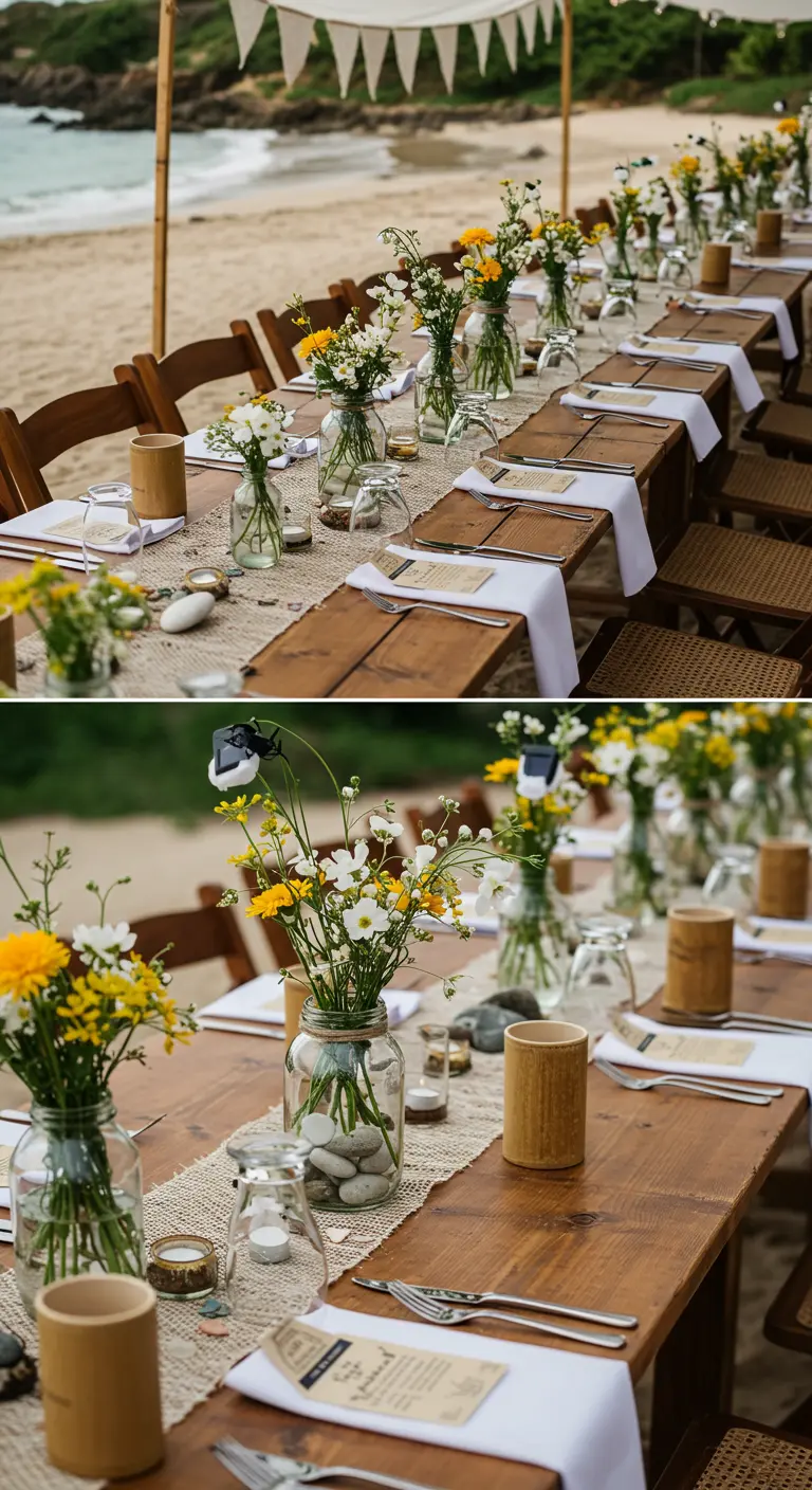 Rustieke tafelsetting op het strand met jute loper, houten details en veldbloemen in potten.