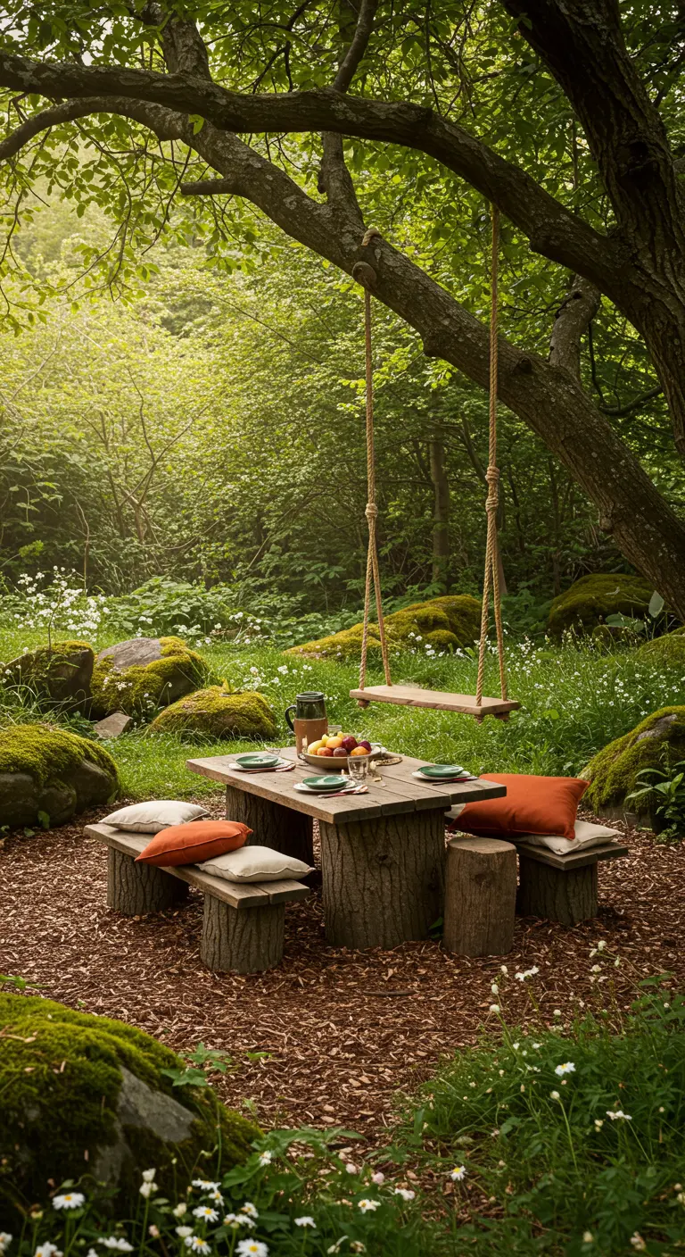 Rustieke setting in bos met houten tafel en boomstronk-zitjes, schommel aan boomtak.