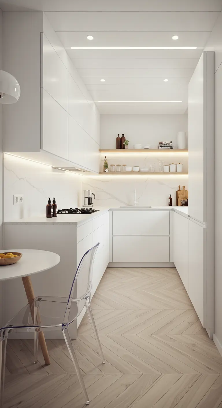 Strakke witte keuken met marmeren achterwand en een ronde eettafel met transparante stoelen