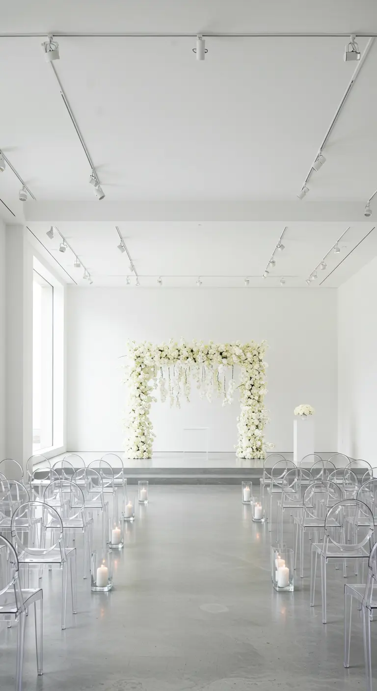 Minimalistische witte ceremonieopstelling met transparante stoelen en een weelderige witte bloemenboog.