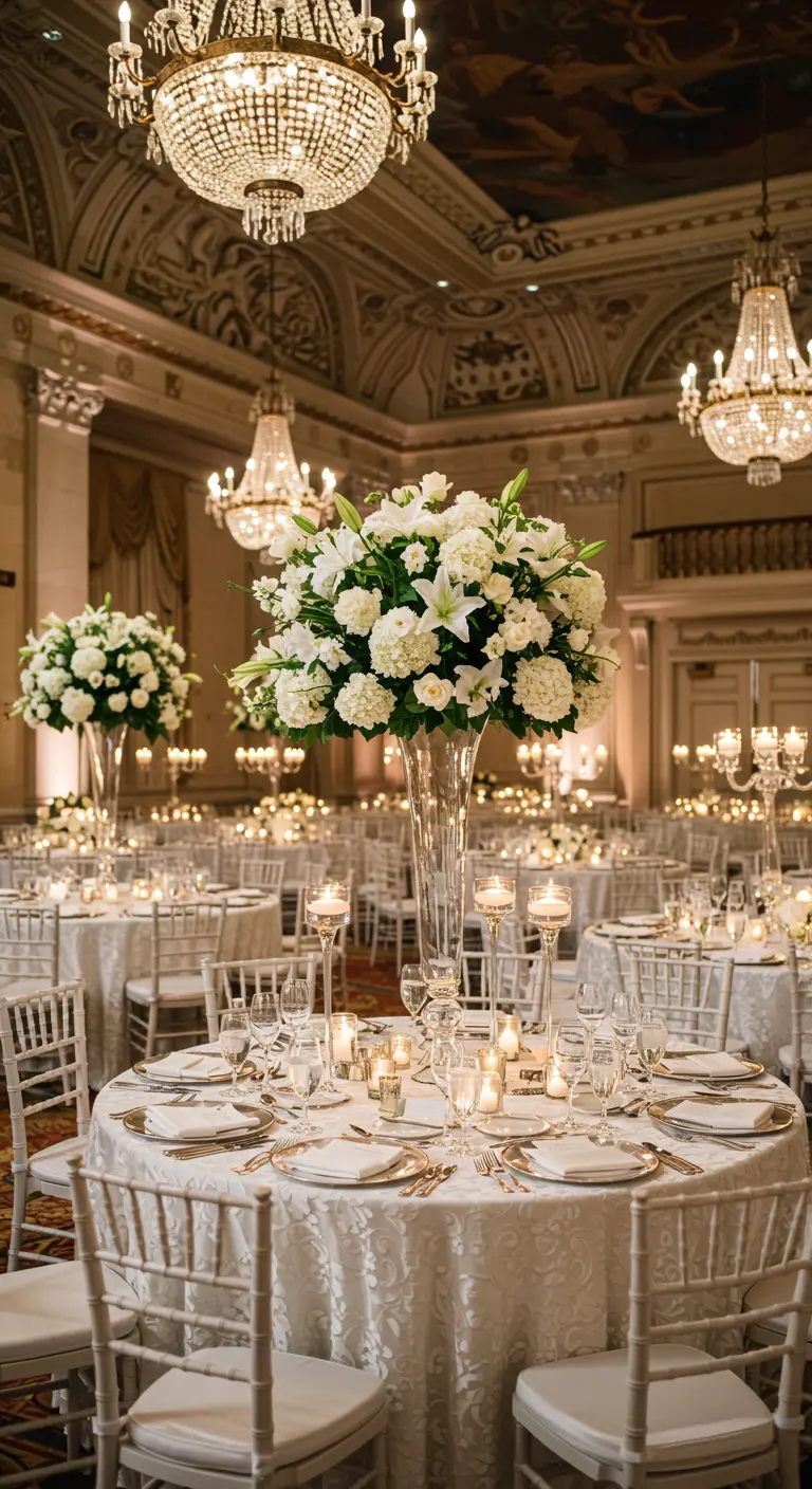 Witte tafels met weelderige witte bloemstukken en overvloedig kaarslicht in een balzaal.