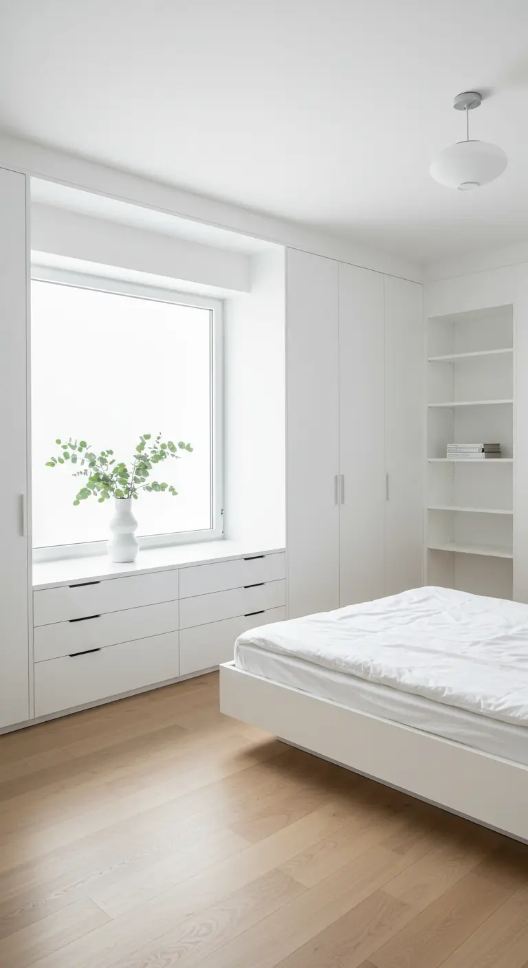 Witte slaapkamer met ingebouwde kasten rondom raam, lades en groene plant in vaas.