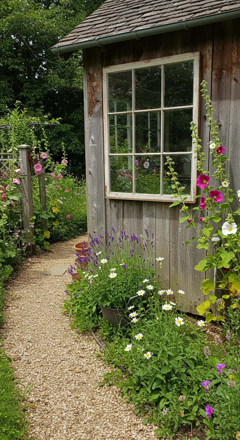 Wit raamkozijn met spiegelglas op een verweerd houten tuinhuis.