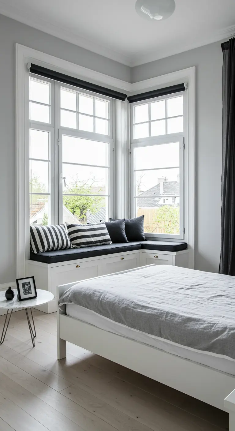 Slaapkamer met witte raamnook, gestreepte kussens, wit bed en houten vloer.