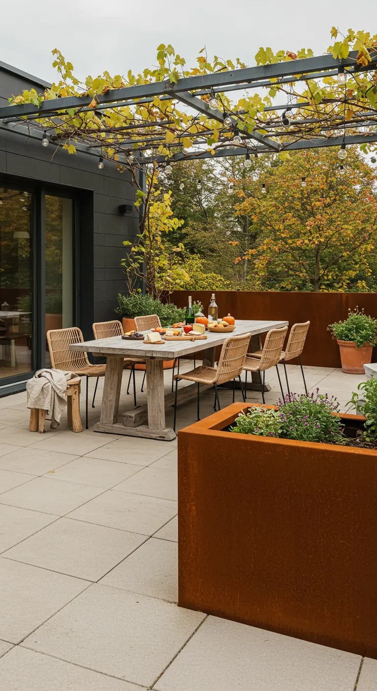 Terras met een houten eettafel, rattan stoelen en grote roestbruine stalen plantenbakken.
