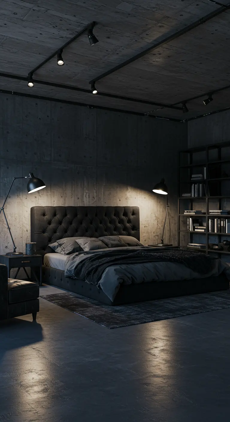 Industriële slaapkamer met betonnen muren, zwart tuftbed, vloerlampen en zichtbare plafondspots.