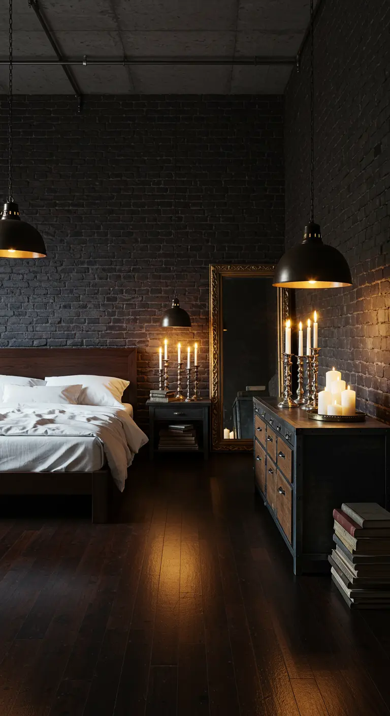 Slaapkamer met donkere bakstenen muur, industriële lampen en veel brandende kaarsen.
