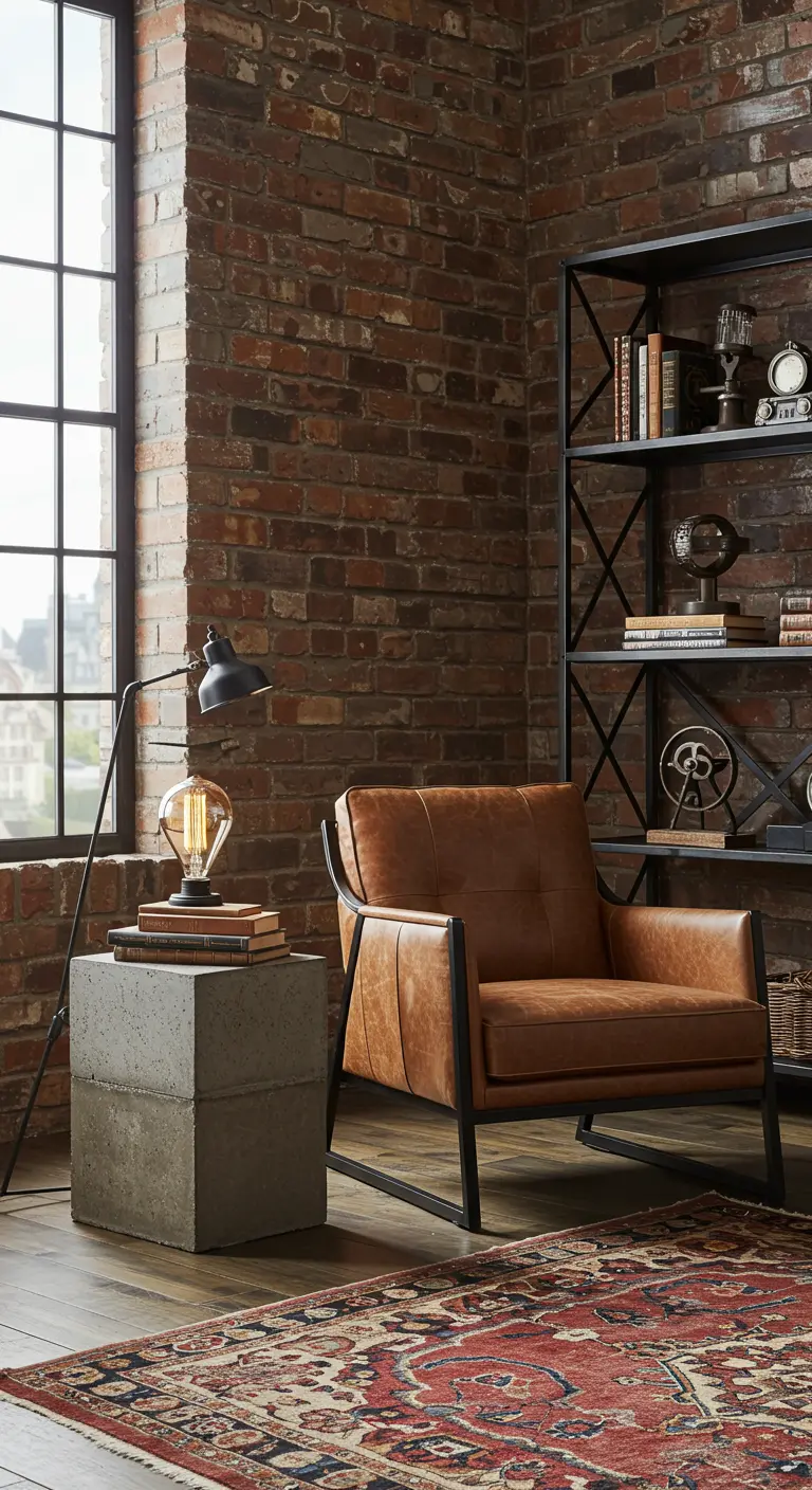 Industriële hoek met een leren fauteuil, een bakstenen muur en een bijzettafel van betonblokken.
