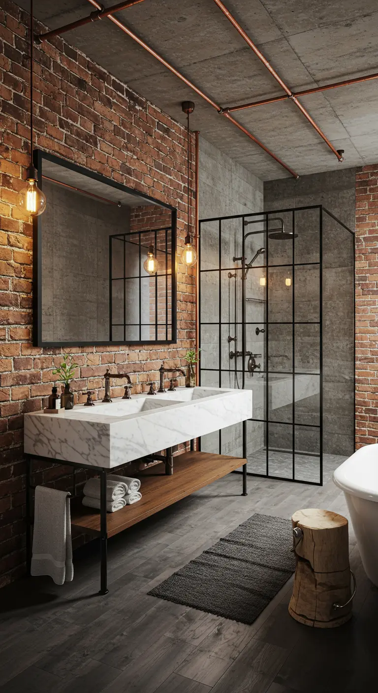 Industriële badkamer met bakstenen muur, marmeren wastafel en douche met zwart frame.
