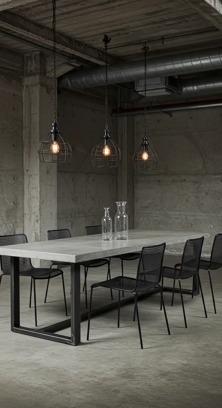 Minimalistische industriële eetkamer met betonnen muren en tafel, zwarte metalen stoelen en kooilampen.