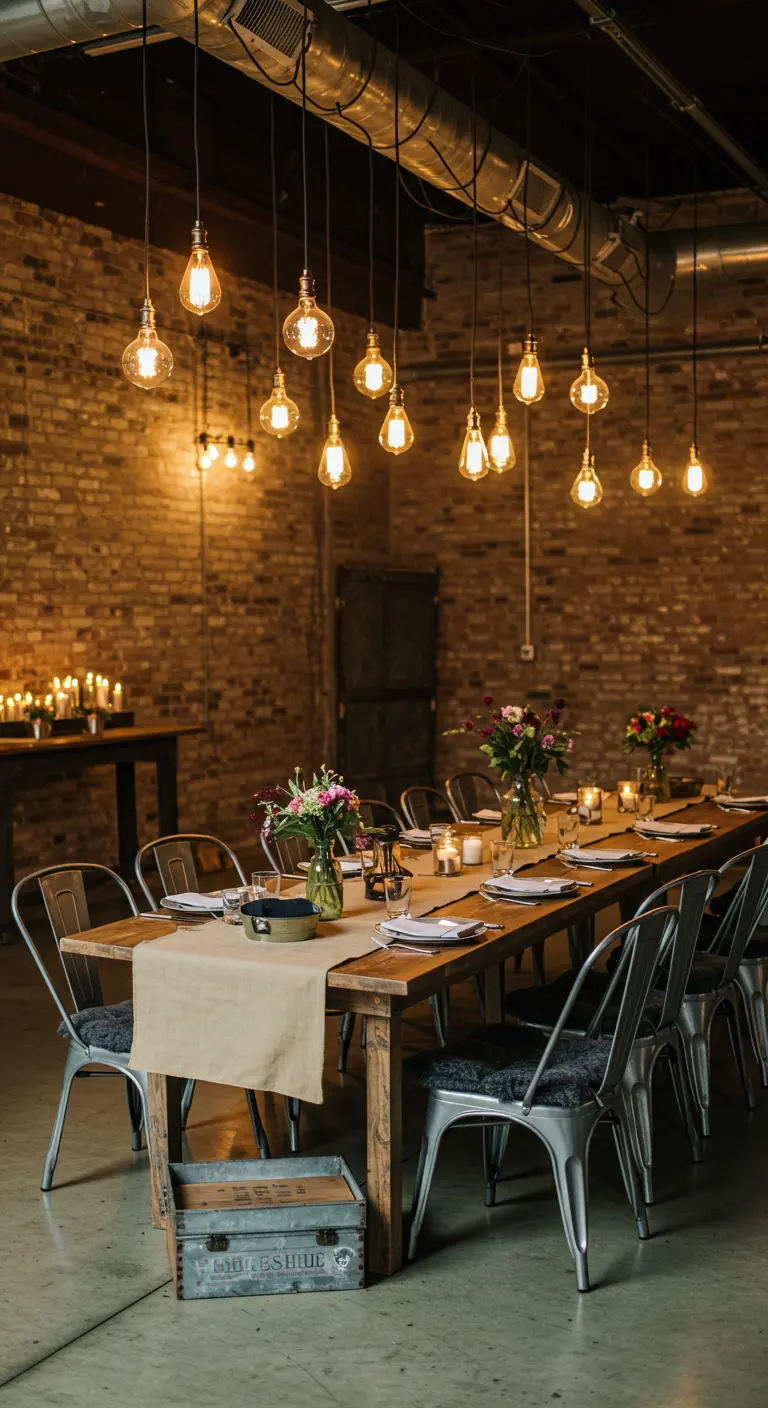 Industriële eetzaal met Edison-lampen boven een lange houten tafel en metalen stoelen.