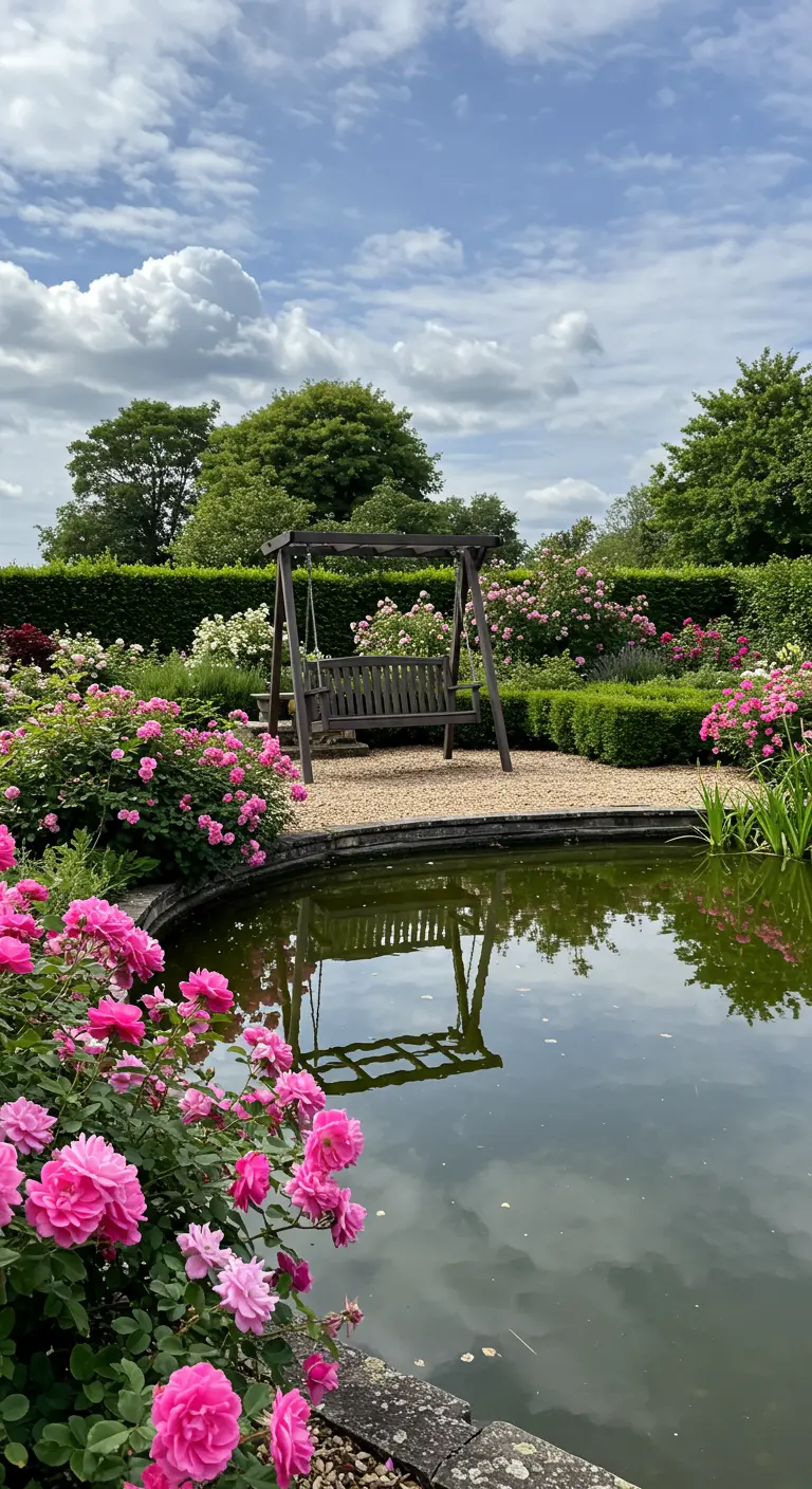Houten schommelbank aan de rand van een vijver, omringd door bloeiende roze rozen die in het water reflecteren.