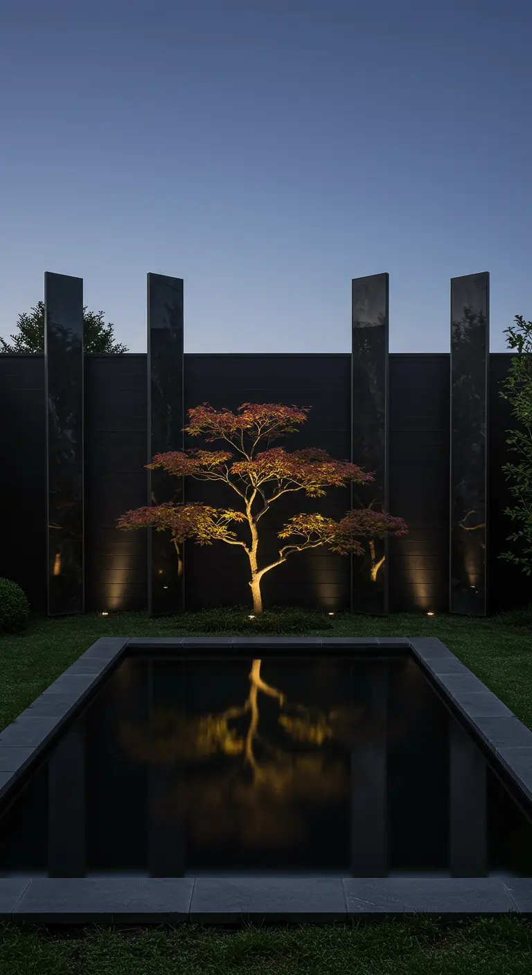Moderne tuin met vijver en hoge, donkere spiegelpanelen achter een esdoorn.