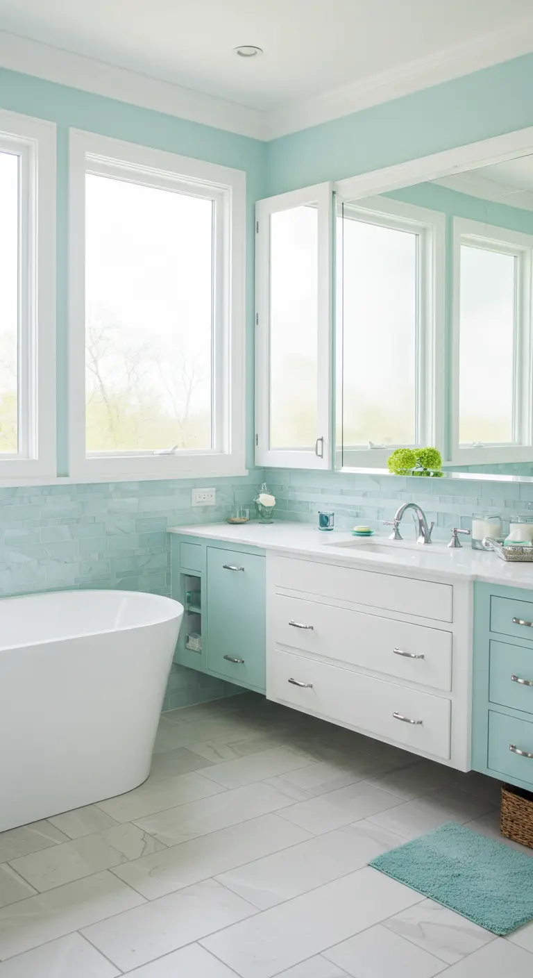 Lichte badkamer met mintgroene muren en witte kasten, met spiegelkasten die het licht weerkaatsen.