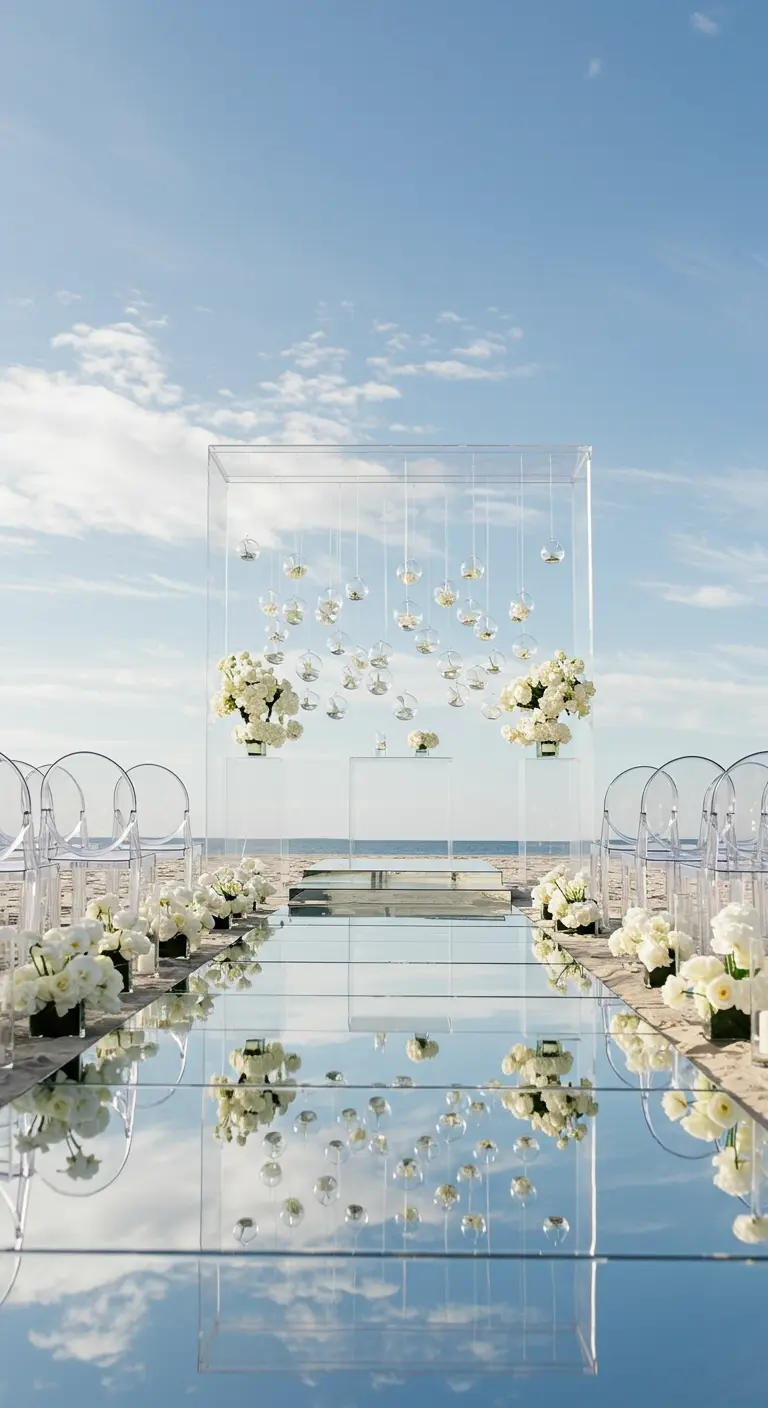 Moderne ceremonie met een spiegelloper die de lucht reflecteert en een altaar van perspex.