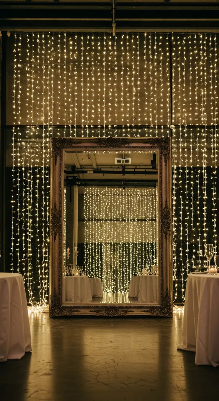 Grote gouden spiegel die een muur van sprookjesverlichting reflecteert.