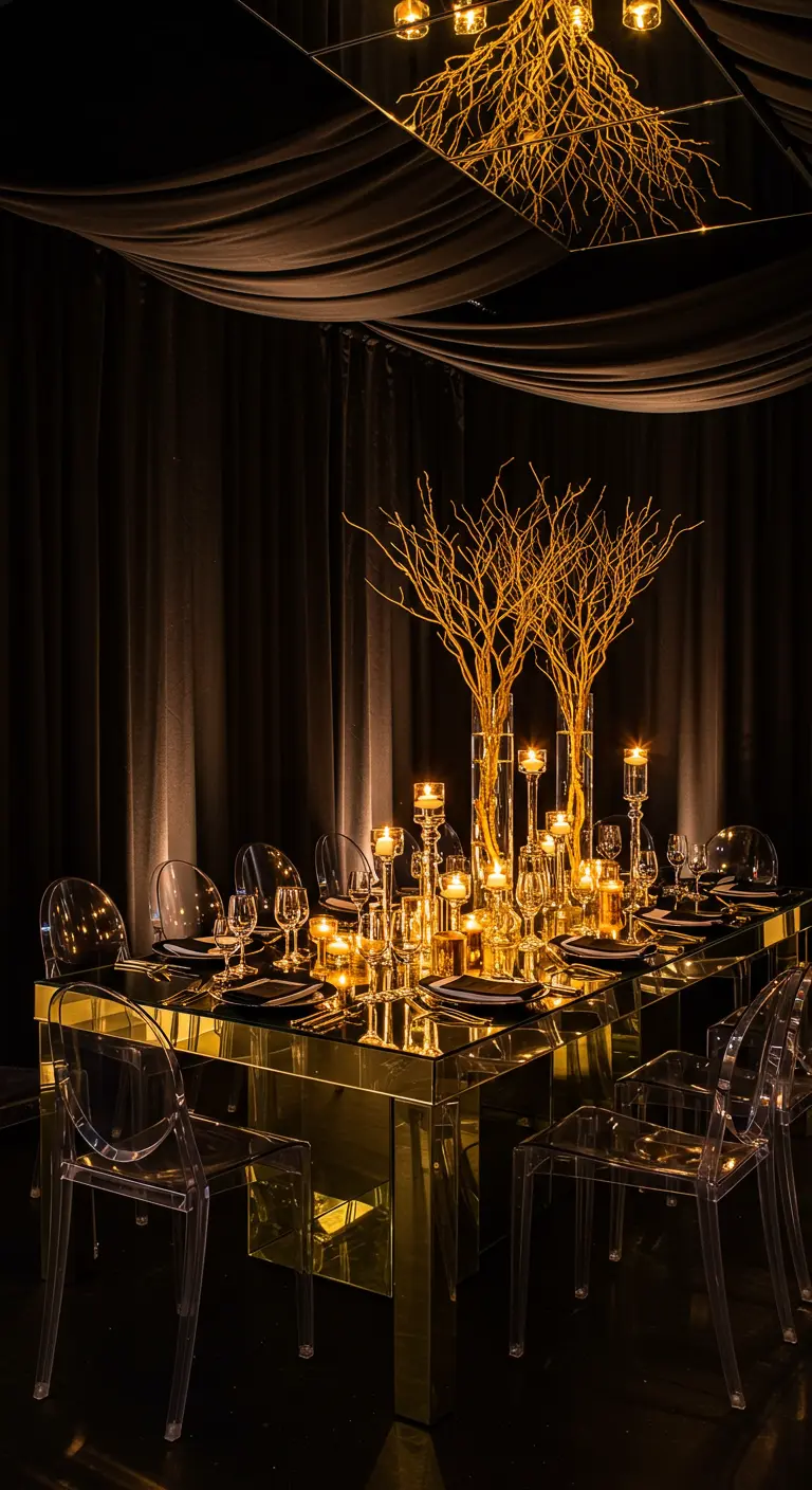 Dramatische setting met een gouden spiegeltafel en zwarte gedrapeerde stoffen.