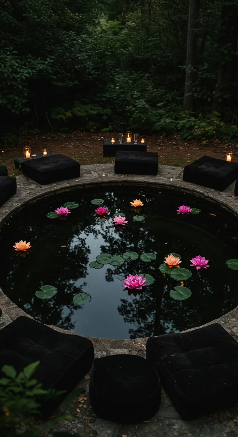 Ronde vijver met waterlelies, omringd door zwarte poefjes en kaarsen.
