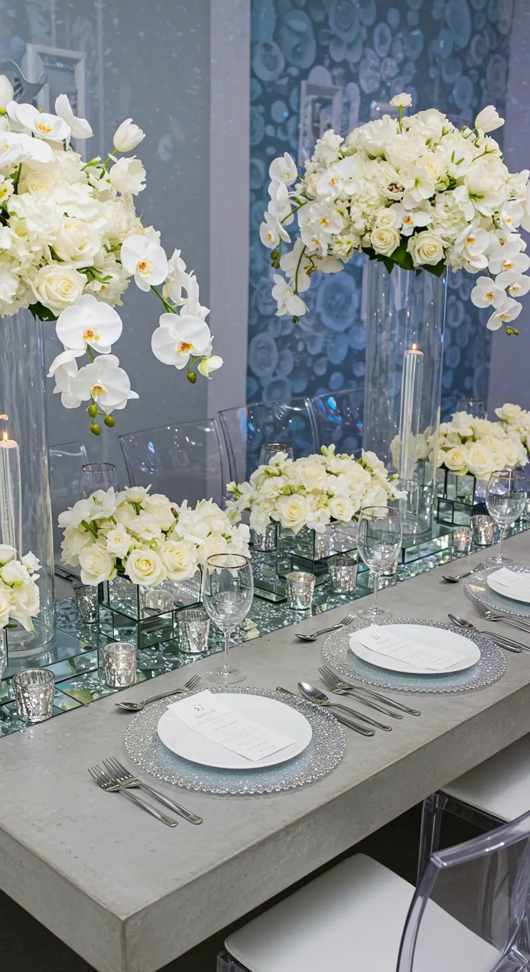 Moderne tafel met een loper van spiegels, witte bloemen en glitter-onderborden.