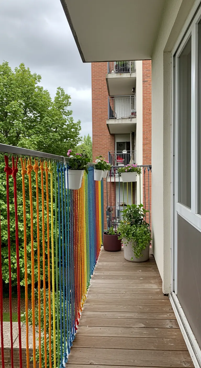 Balkonhek versierd met verticaal geknoopte touwen in regenboogkleuren.