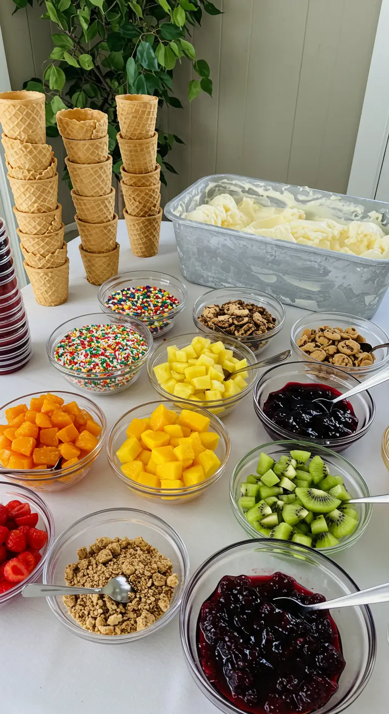 IJsbar met een bak vanille-ijs en diverse kleurrijke toppings in glazen schaaltjes.