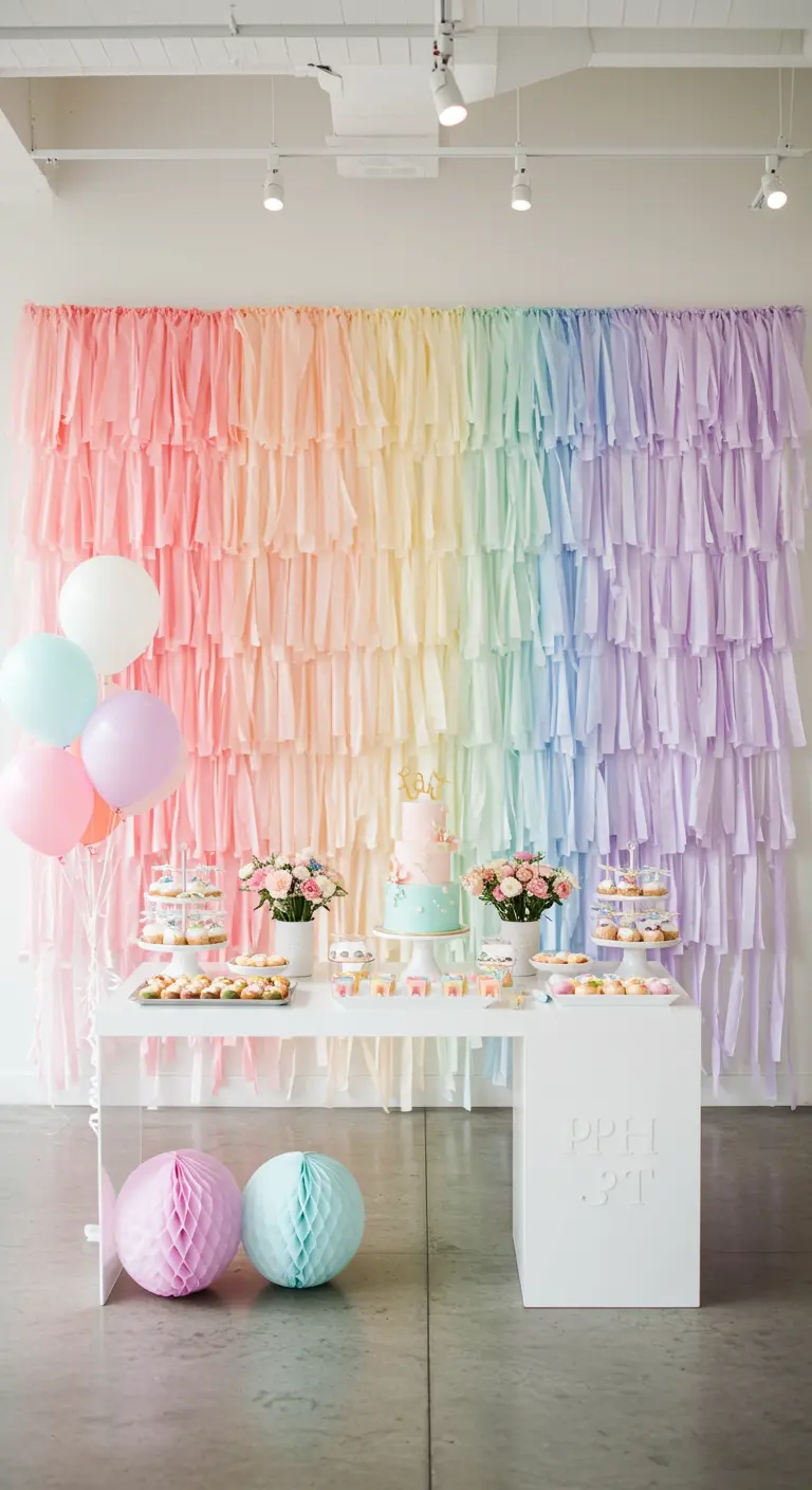 Pastelkleurige regenboog backdrop van papierstroken achter een taarttafel.