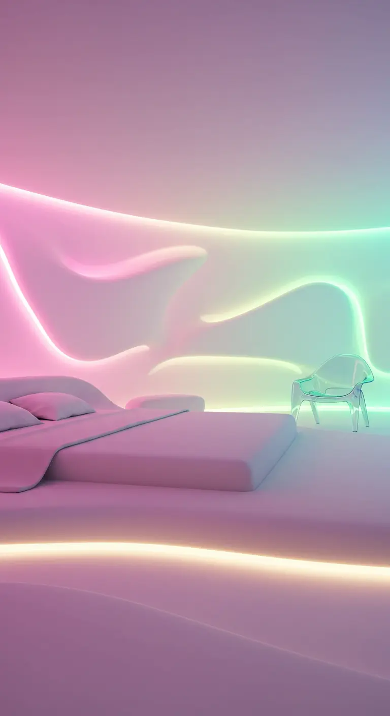 Pastelkleurige slaapkamer met golvende muren, zachte roze en mintgroene LED-verlichting.