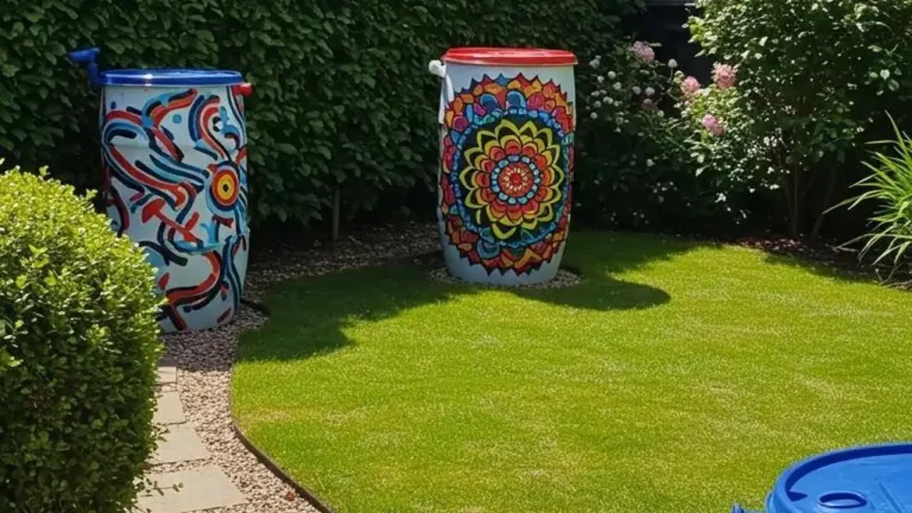 Twee vrolijk beschilderde regentonnen met uniek karakter transformeren een groene tuin tot een creatief decor.