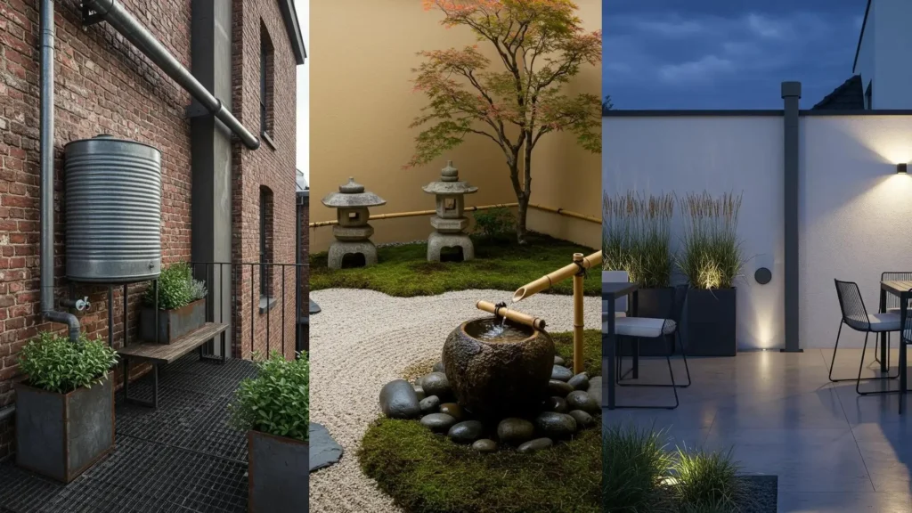 Diverse slimme en mooie oplossingen voor regenwater opvangen en tuinontwerp, waaronder een regenwaterton.
