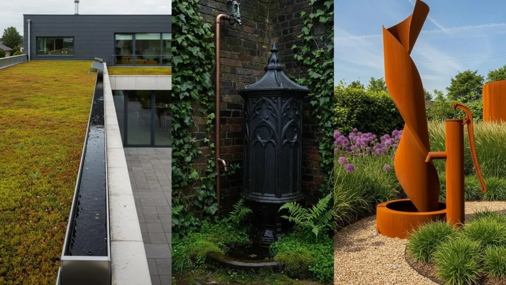 Drie slimme en mooie manieren om regenwater op te vangen: groen dak, sierlijke regenton en cortenstalen kunstwerk.