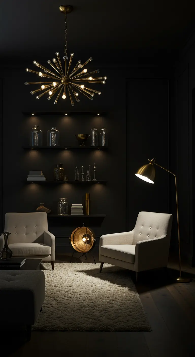 Donkere, chique woonkamer met een gouden sputnik-kroonluchter, booglamp en een vloerspot.