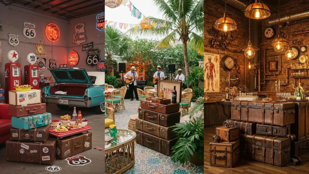 Inspirerende reisthema decoraties met gestapelde koffers voor een unieke party sfeer.
