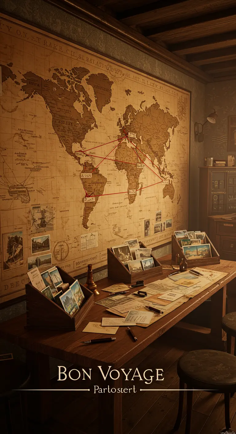 Bureau met ansichtkaarten en een grote wereldkaart aan de muur met rode draden die routes aangeven.
