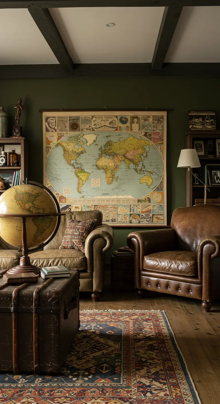 Woonkamer in reisthema met een enorme vintage wereldkaart aan de muur en een globus.