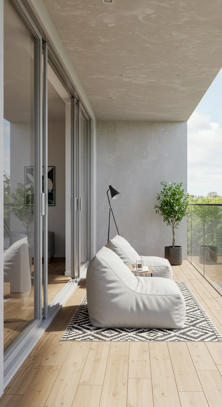 Modern balkon met houten vloer, twee witte zitzakken en een zwart-wit kleed.